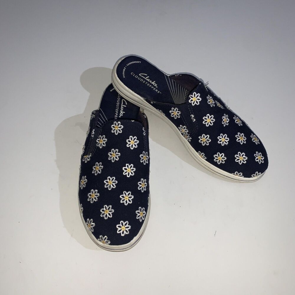 Clarks Cloudsteppers Shoes Womens Size 7 Blue Floral Mule Slip On Comfort